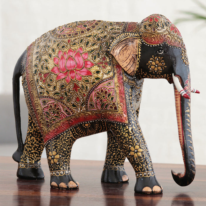 Mughal Glamour - an Artisan Crafted Elephant and Calf Wood Sculpture from India