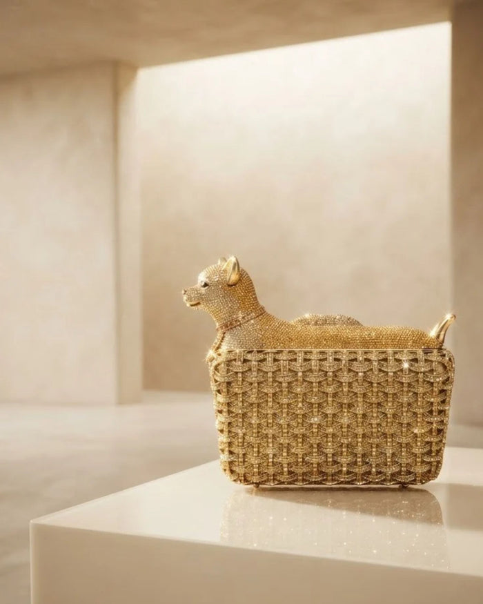 Gold dog-shaped crystal clutch with rhinestone lattice, small evening handbag