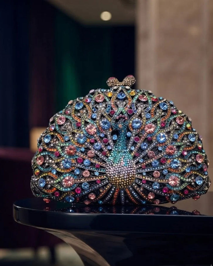 Peacock crystal clutch with multicolour rhinestone fan design and round clasp
