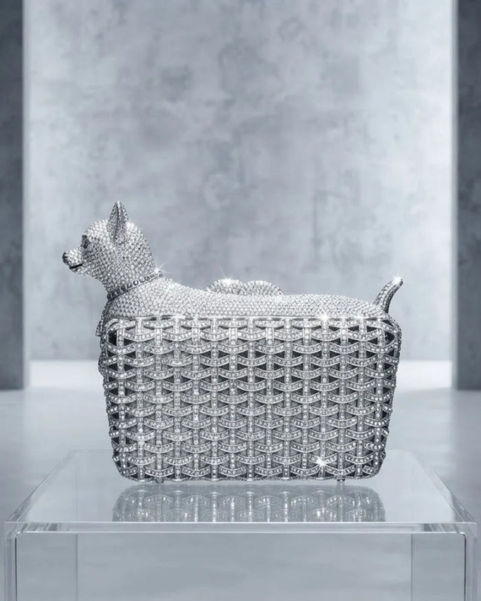 Silver rhinestone dog-shaped clutch with lattice crystal pattern and top handle
