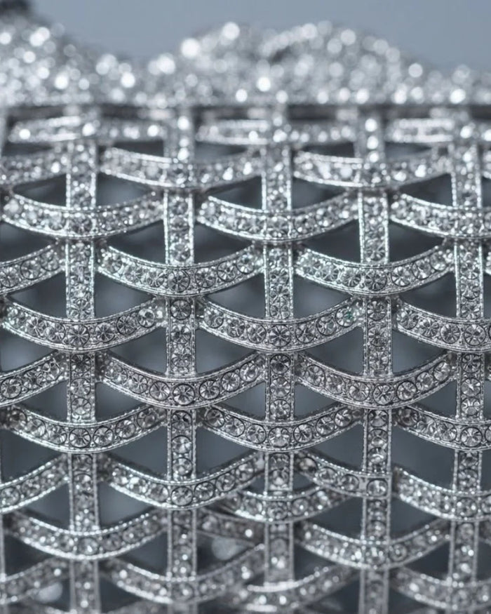 Silver rhinestone lattice embellishment detail on dog-shaped clutch