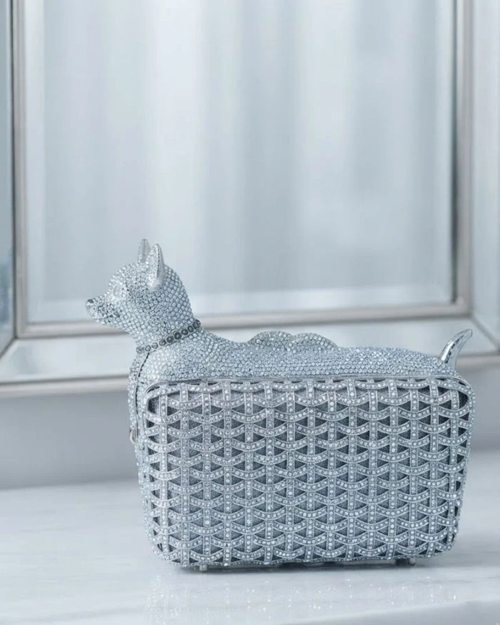 Silver rhinestone dog-shaped clutch with crystal lattice and pointed ear