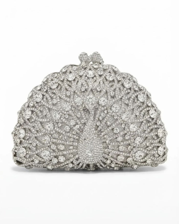 Silver rhinestone crystal clutch bag with fan pattern and sparkling crystal embellishments