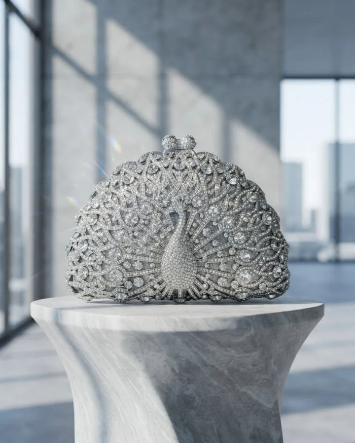 Silver rhinestone crystal clutch bag with fan-style embellished front and top clasp