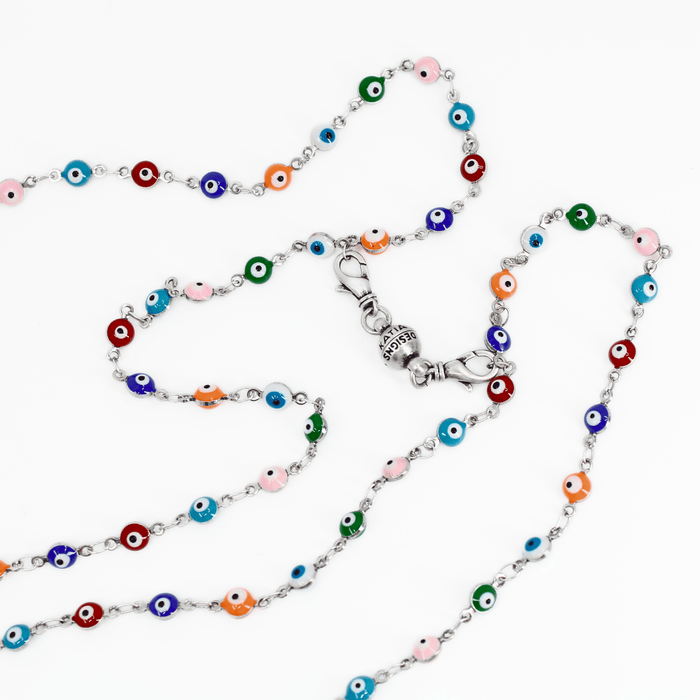Colorful beaded necklace with a clasp on a white background