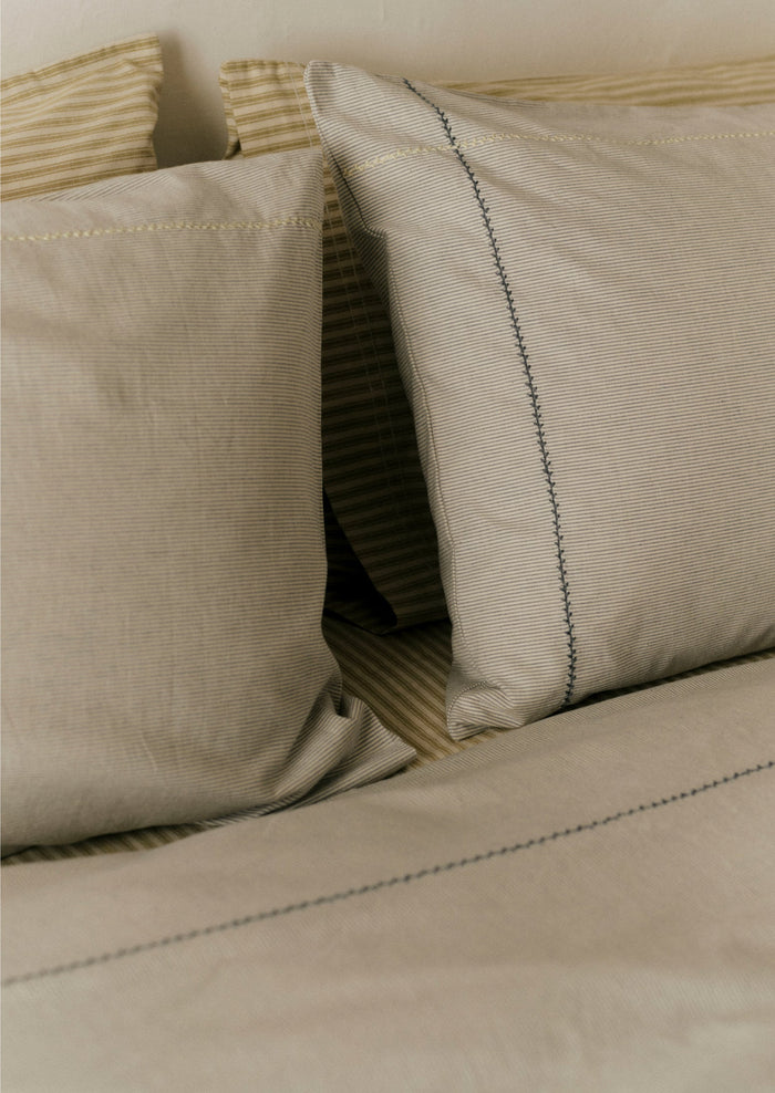 Fine Stripe Cotton Housewife Pillowcase | Ecru/Smoke Blue