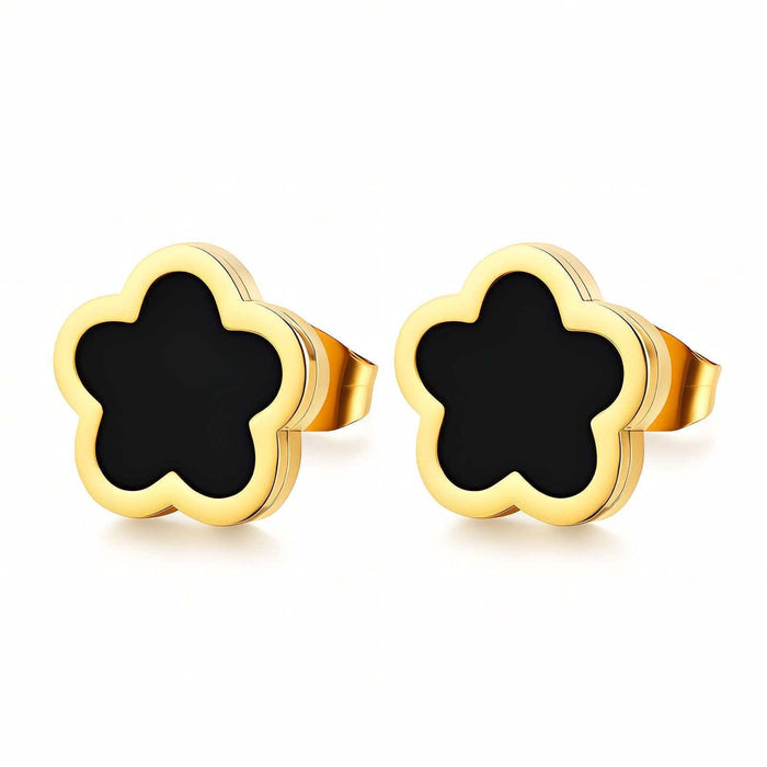 Flower Stud Earrings Style 1 in polished gold-tone metal, each with a bold black five-petal flower center and stud backs