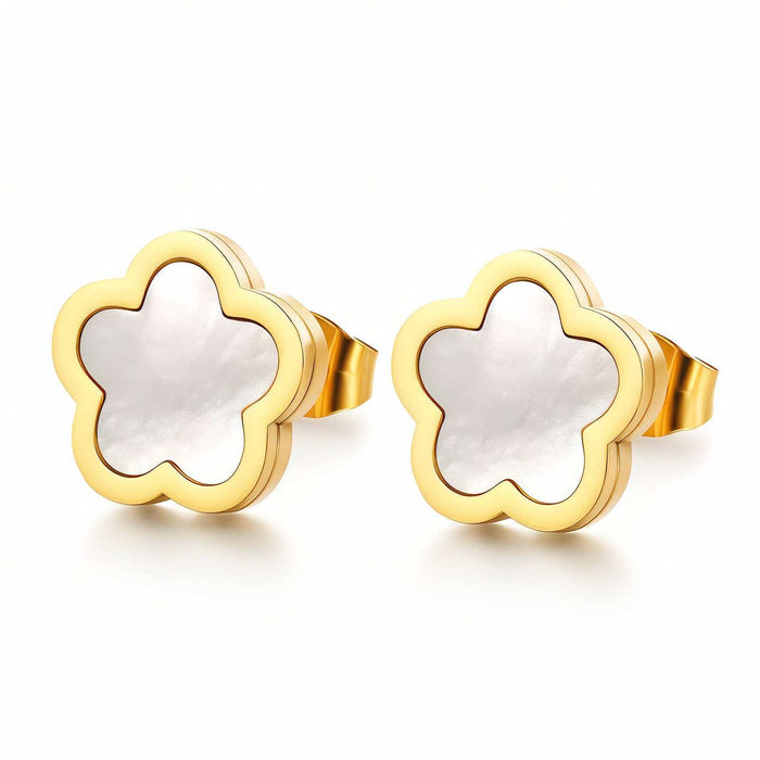 Flower Stud Earrings Style 2 with gold-tone stainless steel flower outlines and pearly white centers