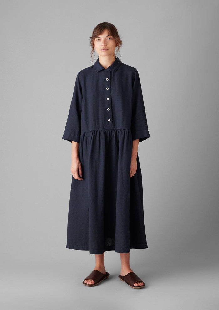 Garment Dyed Lightweight Linen Shirt Dress | Midnight