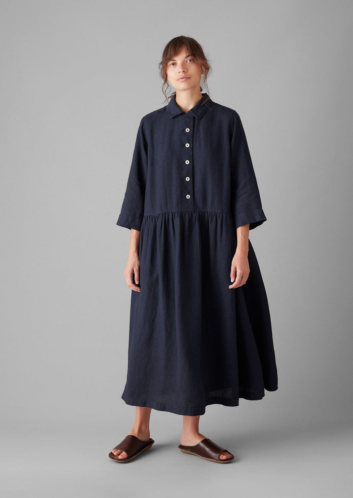 Garment Dyed Lightweight Linen Shirt Dress | Midnight