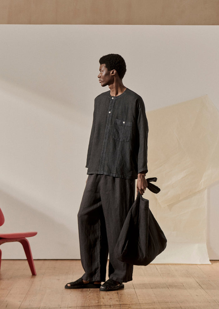 Garment Dyed Linen Collarless Shirt | Black Pepper