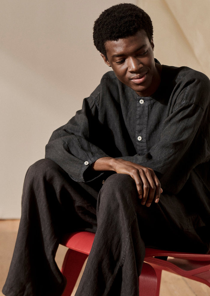 Garment Dyed Linen Collarless Shirt | Black Pepper