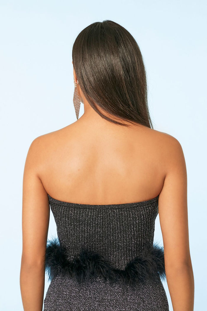 Glitter Feather-Trim Tube Top