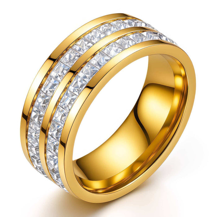 Gold Steel Cubic Zirconia Ring with a polished gold-tone steel band and two rows of clear square-cut stones