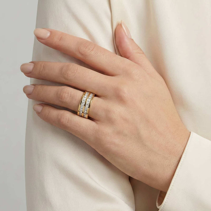 Gold Steel Cubic Zirconia Ring with a gold-tone band featuring multiple rows of clear stones and a textured design