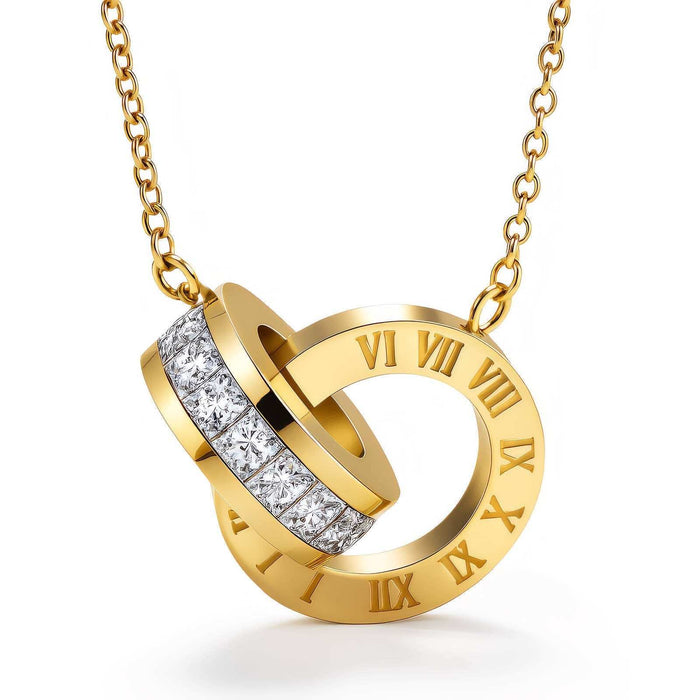 Gold Steel Necklace with a gold-tone Roman numeral circular pendant and a sparkling crystal band