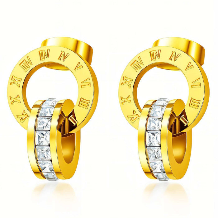 Gold Steel Stud Earrings with gold-tone circular lettered backs and clear square stones set along the front hoops