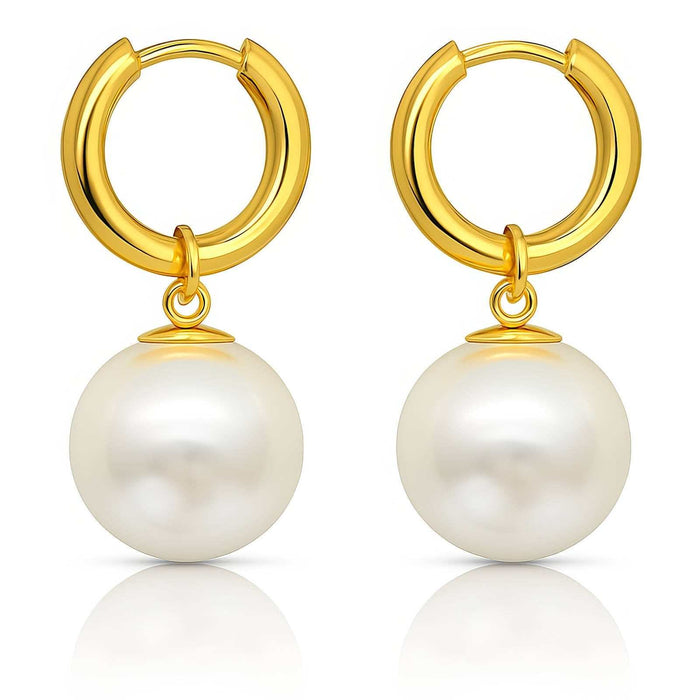 Gold Steel Stud Earrings with polished gold-tone circular hoops and large white pearl drops suspended beneath