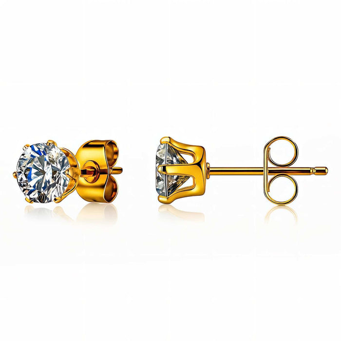 Gold Steel Stud Earrings Style 4 with gold-tone metal settings, clear round-cut stones, and straight post-and-butterfly backs