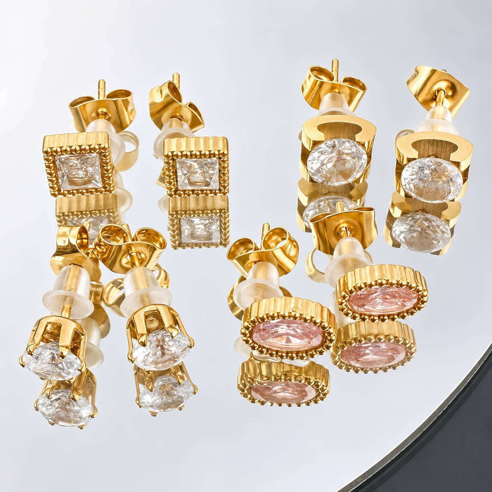 Gold Steel Stud Earrings Style 4 with gold-tone settings, clear and pale pink stones, and square and oval stud designs