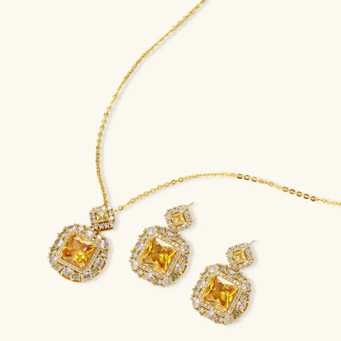 Golden Square Zirconia Necklace set in gold tone, with amber square centres and clear stones on pendant and earrings