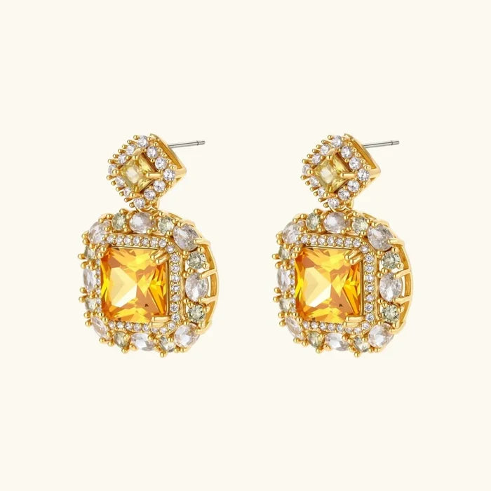 Golden Square Zirconia Necklace matching earrings with gold-tone settings, amber square stones and clear crystals