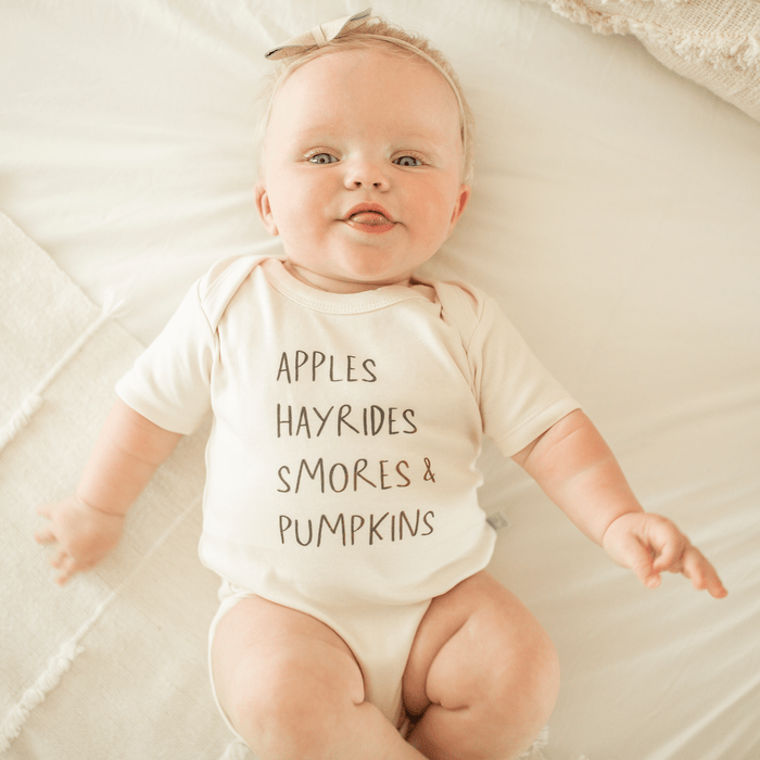 Baby graphic bodysuit | apples hayrides smores finn + emma