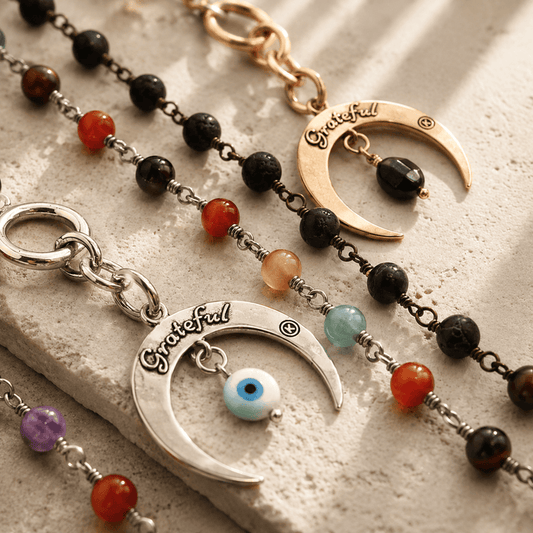 Grateful Crescent Moon Long Rosary Chain Necklace