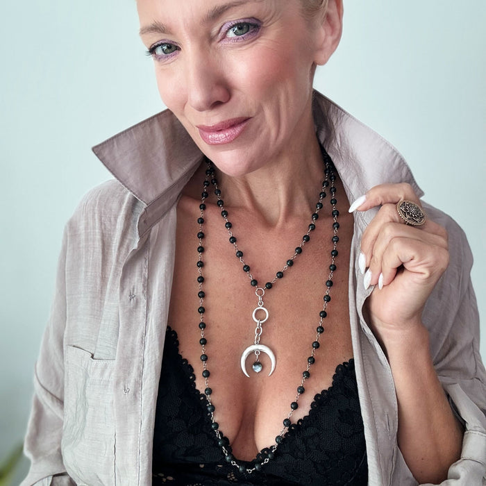 Grateful Crescent Moon Long Rosary Chain Necklace