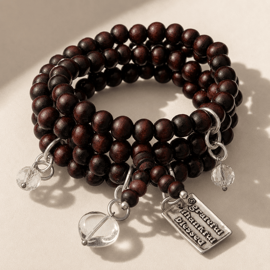 Grateful Thankful Blessed Heart Wood Boho Wrap Bracelet/Necklace
