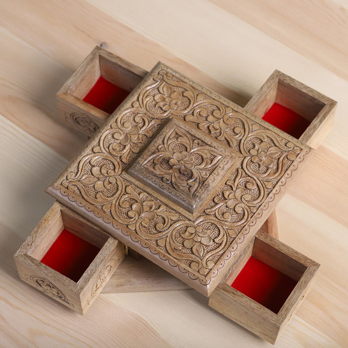Dreamy Square - Hand-Carved Walnut Wood Jewelry Box with Floral Details