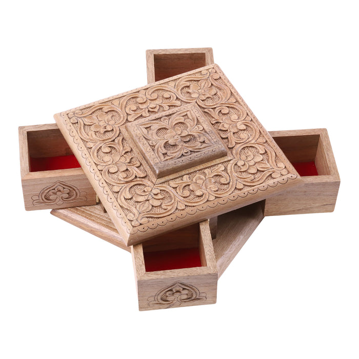 Dreamy Square - Hand-Carved Walnut Wood Jewelry Box with Floral Details