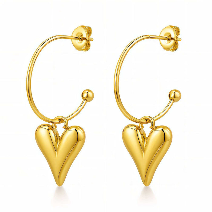 Heart Stud Earrings in polished gold-tone metal, featuring open hoop studs with dangling sculpted heart charms