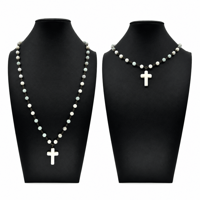 Howlite Cross Amazonite Rosary Necklace