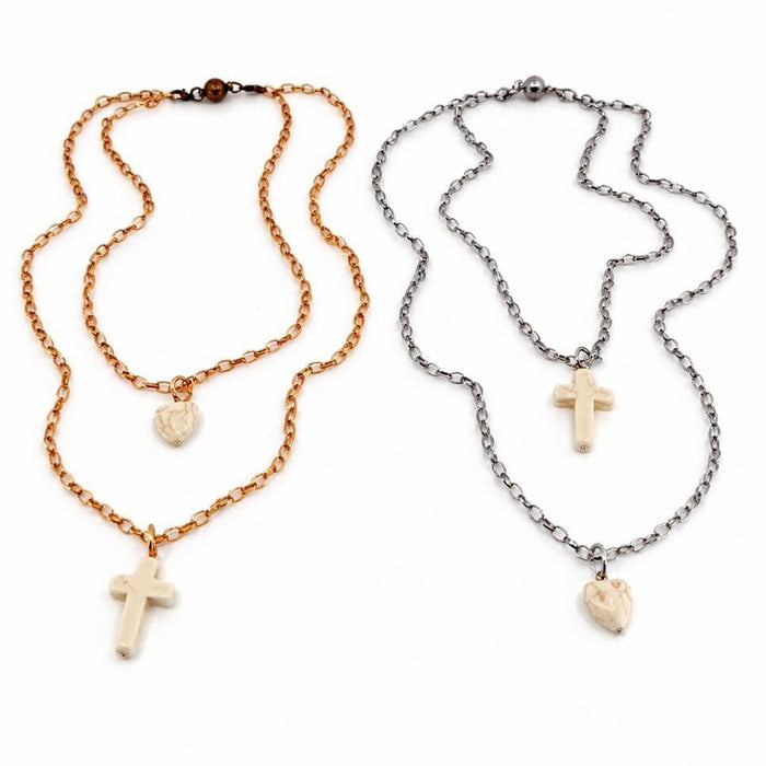 Howlite Cross & Heart Dainty Necklace