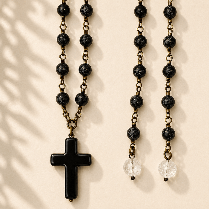 Howlite Cross Onyx Rosary Necklace