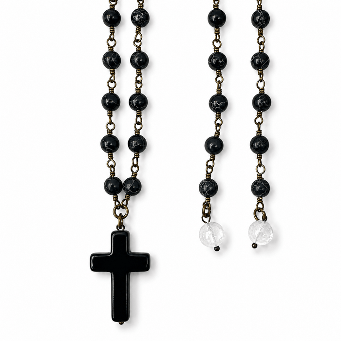 Howlite Cross Onyx Rosary Necklace