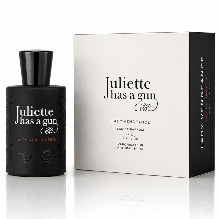 Juliette Has A Gun Lady Vengeance perfume in a matte black embossed bottle beside a white and black box