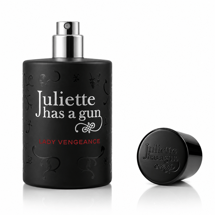 Juliette Has A Gun Lady Vengeance black glass perfume bottle with silver spray and matching black cap