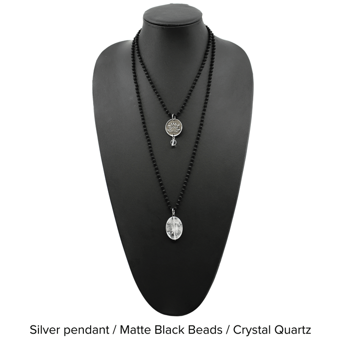 Silver pendant / Matte Black Beads / Crystal Quartz