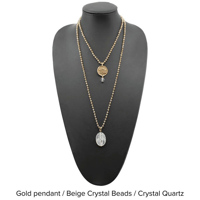 Gold pendant / Beige Crystal Beads / Crystal Quartz