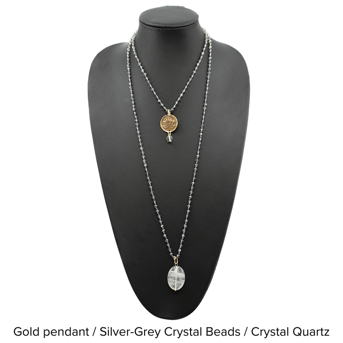 Gold pendant / Silver-Grey Crystal Beads / Crystal Quartz