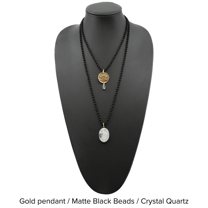 Gold pendant / Matte Black Beads / Crystal Quartz