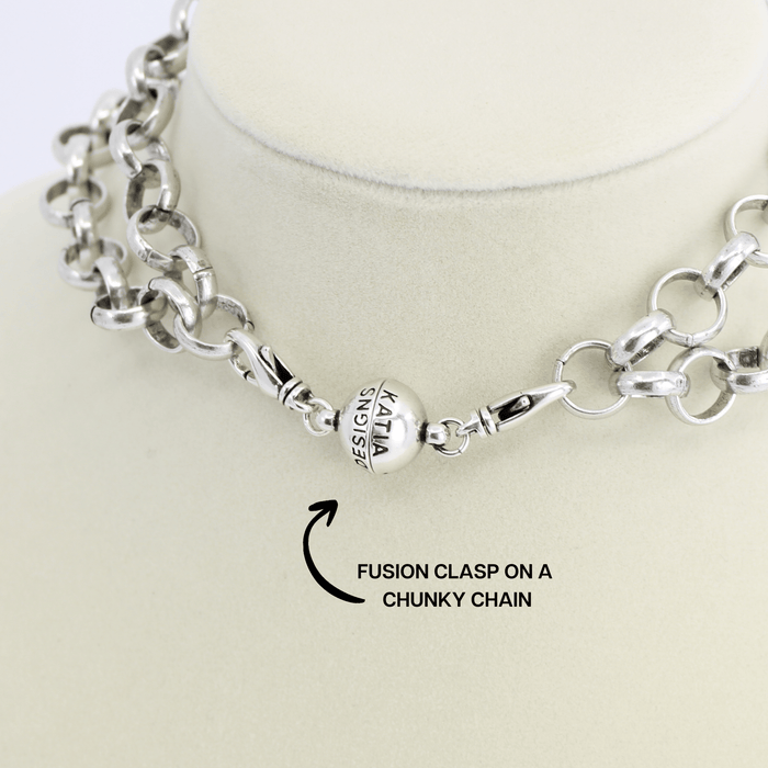 Silver chain necklace with fusion clasp on a mannequin, labeled 'Fusion Clasp on a Chunky Chain'.