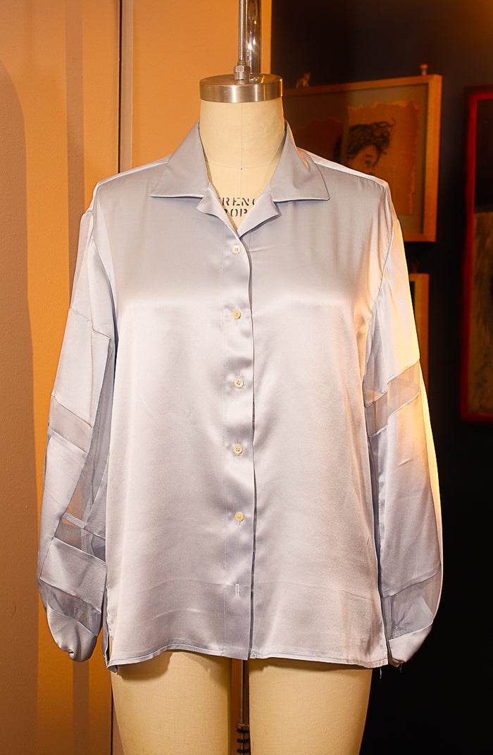 Light Blue Silk Charmeuse Button Down Shirt LARGE