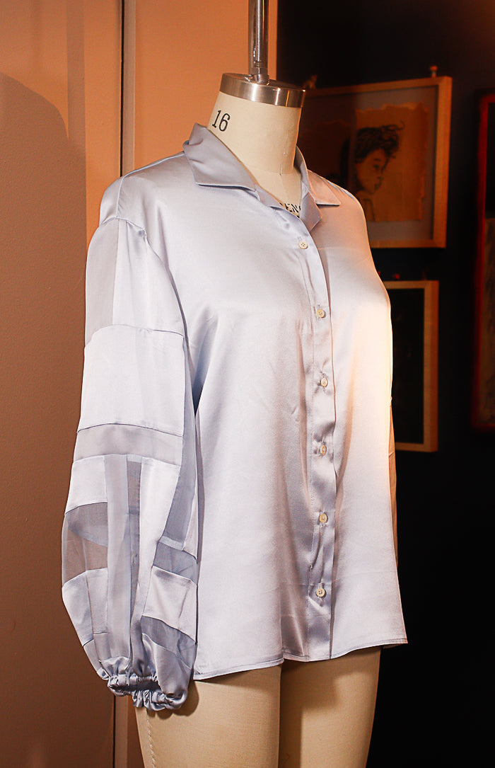 Light Blue Silk Charmeuse Button Down Shirt LARGE