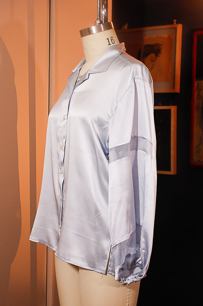 Light Blue Silk Charmeuse Button Down Shirt LARGE