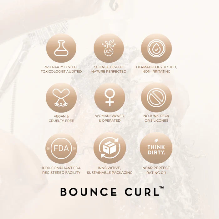 Bounce Curl product with certification icons and text on a white background