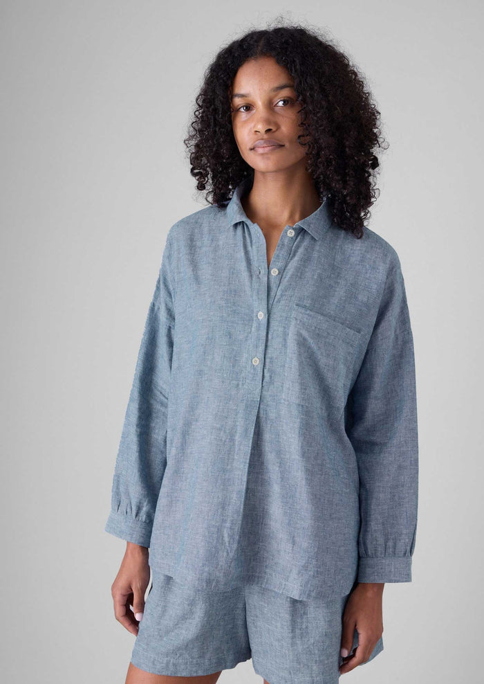 Lightweight Linen Cotton Lounge Top | Dusty Blue