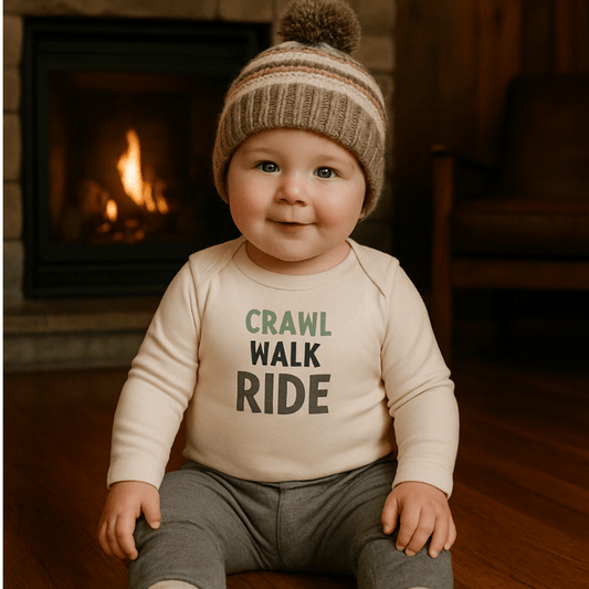 Baby long sleeve graphic bodysuit | crawl walk ride finn + emma
